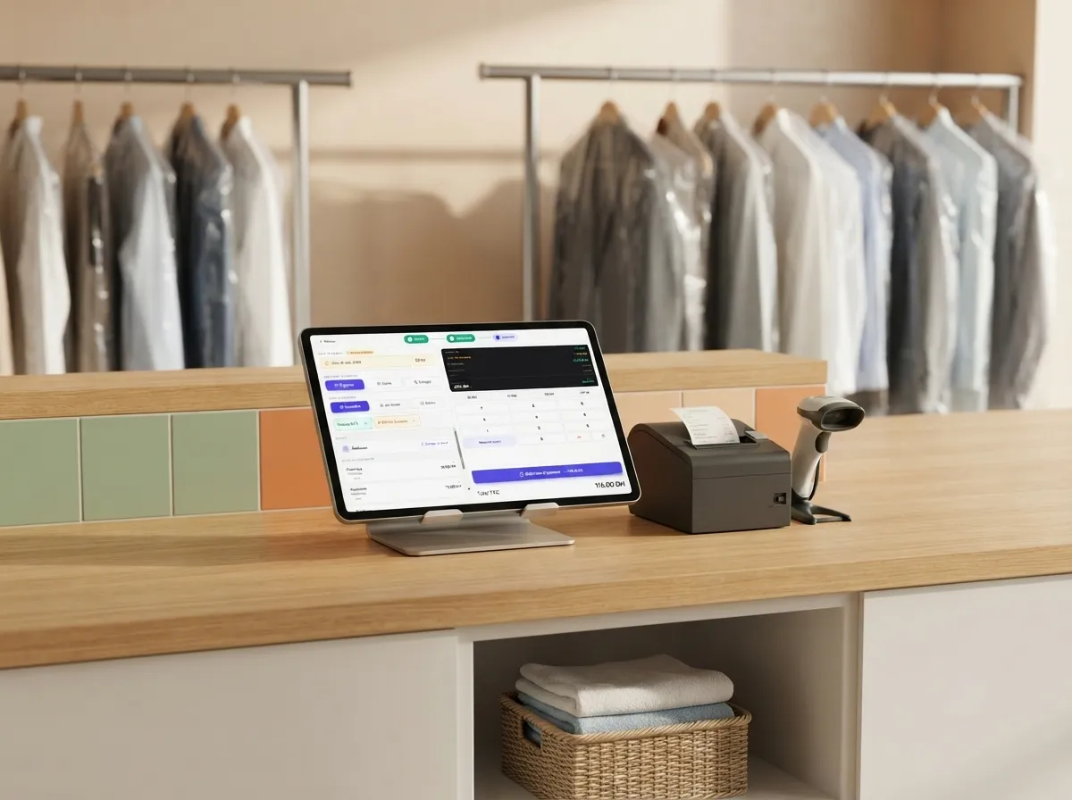 Écran de caisse, imprimante de reçus et scanner installés sur le comptoir d'un pressing